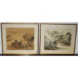 Two framed and signed Oriental hand coloured prints on silk. O/all frame size 49cms x 42cms