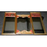 Collection of vintage gildced wood framed Chinese mirrors with carved wood panel decoration. O/all