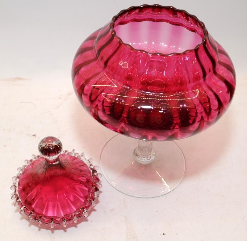 Large Victorian decorative cranberry glass lidded storage jar. 36cms across - Image 2 of 3