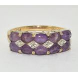 9ct Gold Diamond & Amethyst Ring. H/M dia Size L