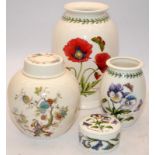 Collection of Portmeirion Botanic Garden vases and a lidded trinket pot. Lot also includes a