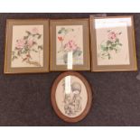 Three framed and glazed oriental pictures together with another picture in an oval frame (4).