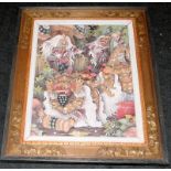 Vintage Balinese acrylic on canvas framed painting of a colourful fantastical scene featuring