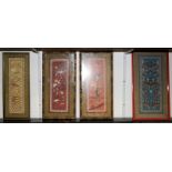 Collection of four Oriental framed silk on silk panels. Largest frame size 87.5cms x 36cms