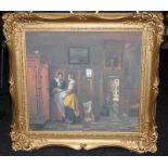 Large print on canvas of a 16thC domestic scene in an ornate gilded frame. O/all frame size 97cms