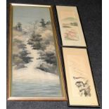 Three vintage Oriental watercolours on fabric. Largest frame is 95cms x 35cms