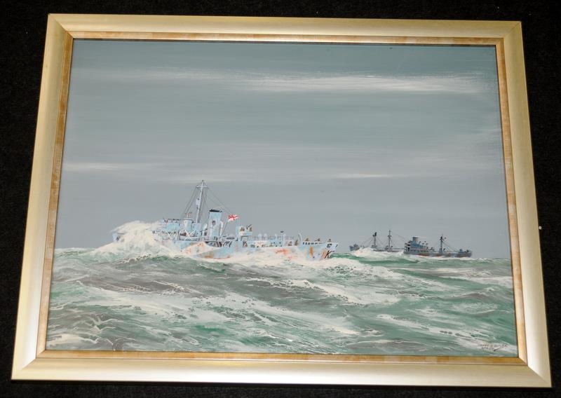 Framed oil on canvas of a British warship on escort duty in Arctic seas. Signed James G Butler