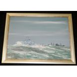 Framed oil on canvas of a British warship on escort duty in Arctic seas. Signed James G Butler