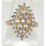 9ct Gold Diamond & Tanzanite Navette Shaped Cluster Ring. Size P