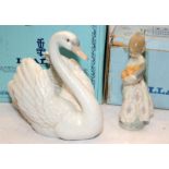 Two vintage boxed Lladro pieces, a white swan and a girl with a basket of oranges. Swan approx 19cms