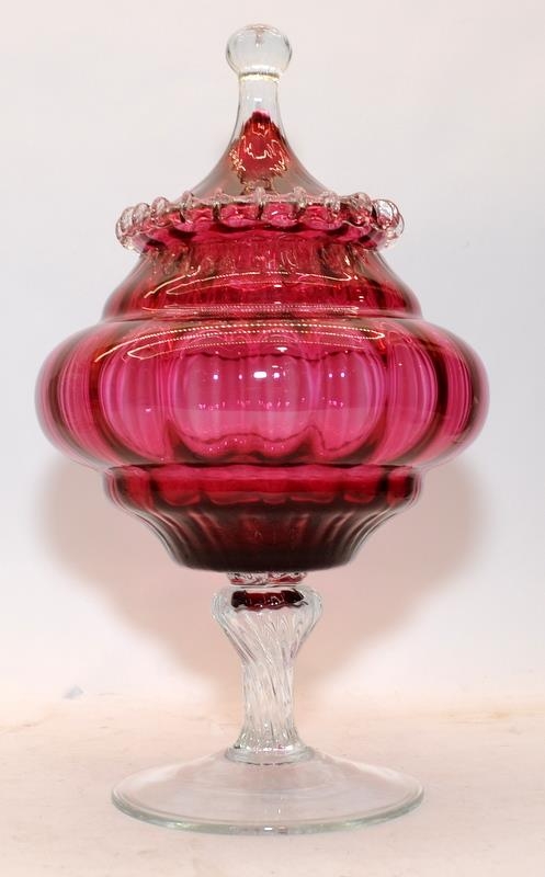 Large Victorian decorative cranberry glass lidded storage jar. 36cms across - Image 3 of 3