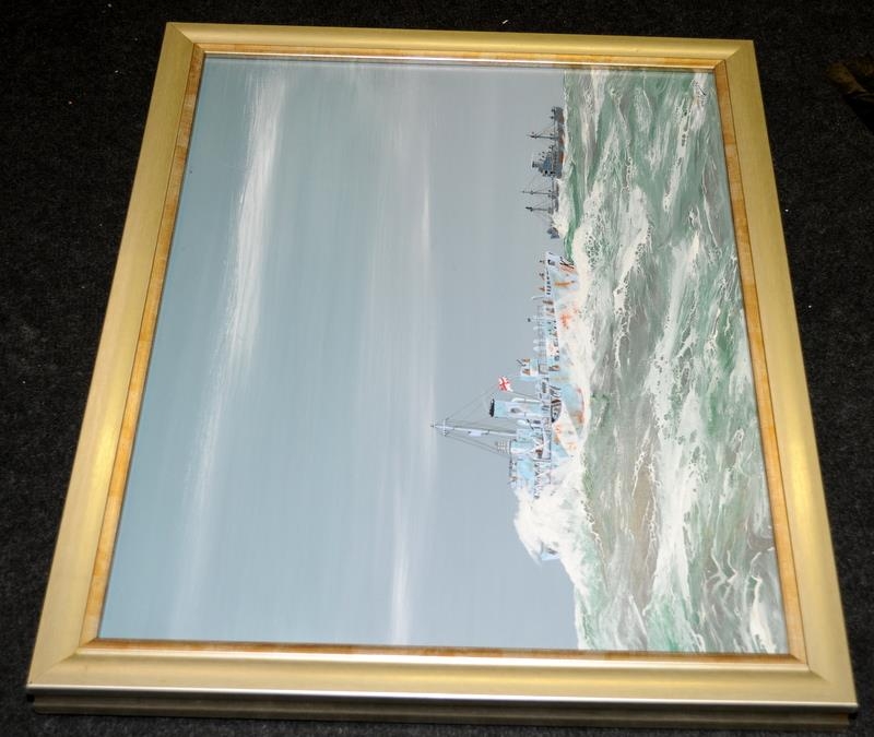 Framed oil on canvas of a British warship on escort duty in Arctic seas. Signed James G Butler - Image 2 of 5