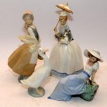 4 pieces of Nao, including a girl holding a parasol and a farm girl with a basket of eggs. Largest