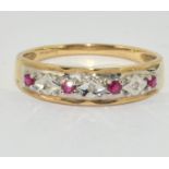 9ct Gold Ladies Vintage Diamond & Ruby Half Eternity Ring. Size Q