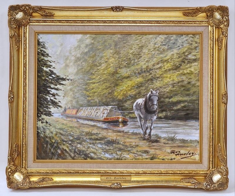 Rex Hurley artist of local interest gilt frame oil on canvas depicting a river barge 60x50cm