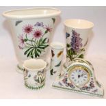 Collection of Portmeirion Botanic Garden vases and a mantel clock. 5 items in lot, largest vase