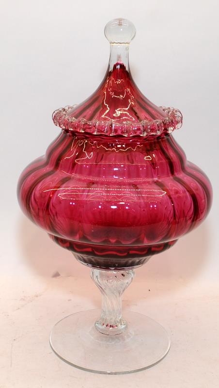 Large Victorian decorative cranberry glass lidded storage jar. 36cms across