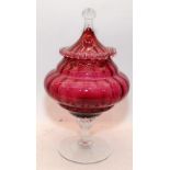 Large Victorian decorative cranberry glass lidded storage jar. 36cms across