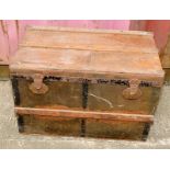 Metal travel trunk with wooden edge strapping and fitted tray inside 55x85x55cm