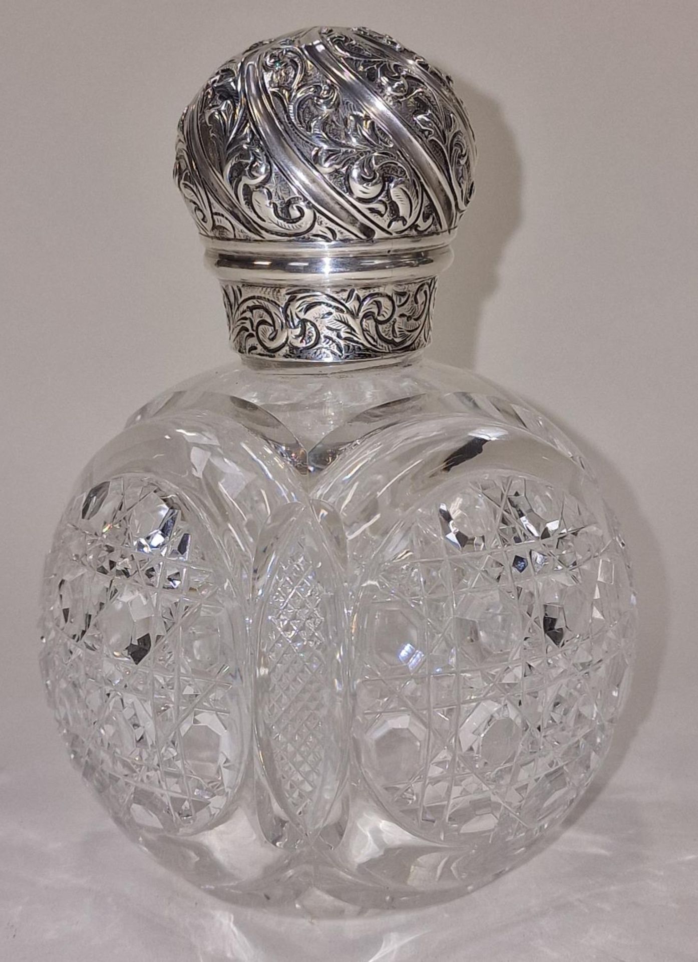 Cut crystal glass hobnail perfume/scent bottle with silver lid hallmarked London 1888 15cm tall. - Image 2 of 4