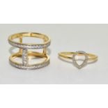 Two modernist CZ gold on 925 silver rings size P 1/2 and R 1/2.