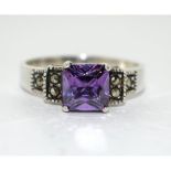 Amethyst 925 silver Marcasite ring size P