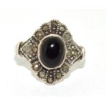 Black Onyx Art Deco silver marcasite ring Size N 1/2.