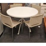 Contemporary white round kitchen table together 4 chrome woven seat chairs