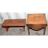 Wooden stool with carved decoration c/w side table with hinged lid storage area.