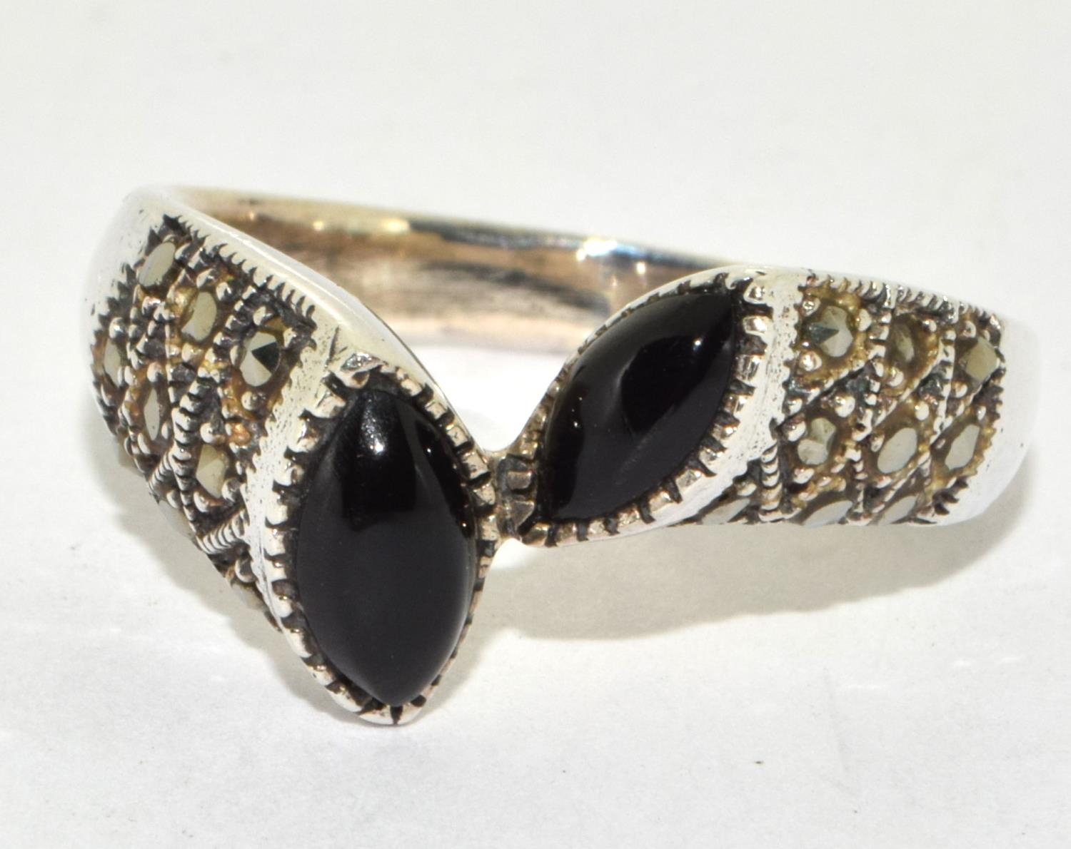 Black Onyx silver marcasite ring Size R