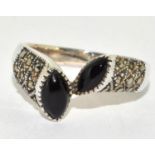 Black Onyx silver marcasite ring Size R