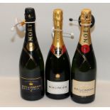 3 mixed bottles of Champagne Moet Bollinger and Moet ref 97, 98, 99