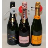 3 mixed bottles of Champagne Moet, Moet Rose, and Veuve Clicquot ref 97,97,99