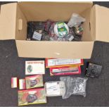 Box of OO Gauge railway boxed coaches and loose ancillary items to include track and scenery.