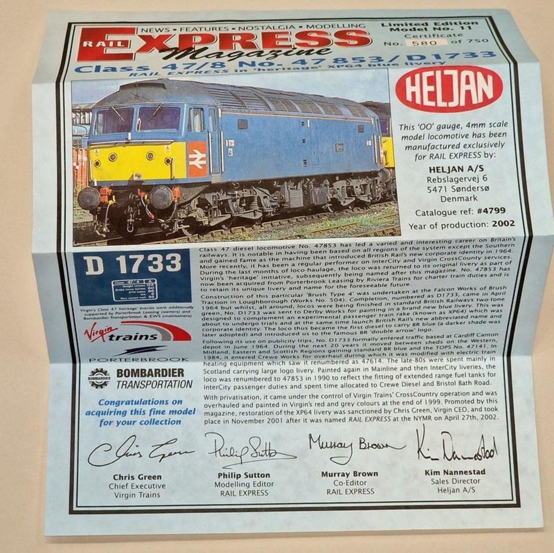 Heljan OO Gauge Class 47/8 No. 47853/D1733 Rail Express locomotive in 'Heritage' XP64 blue livery in - Image 3 of 4