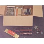 Box containing collection of vintage OO Gauge play worn locomotives, rolling stock, scenery and