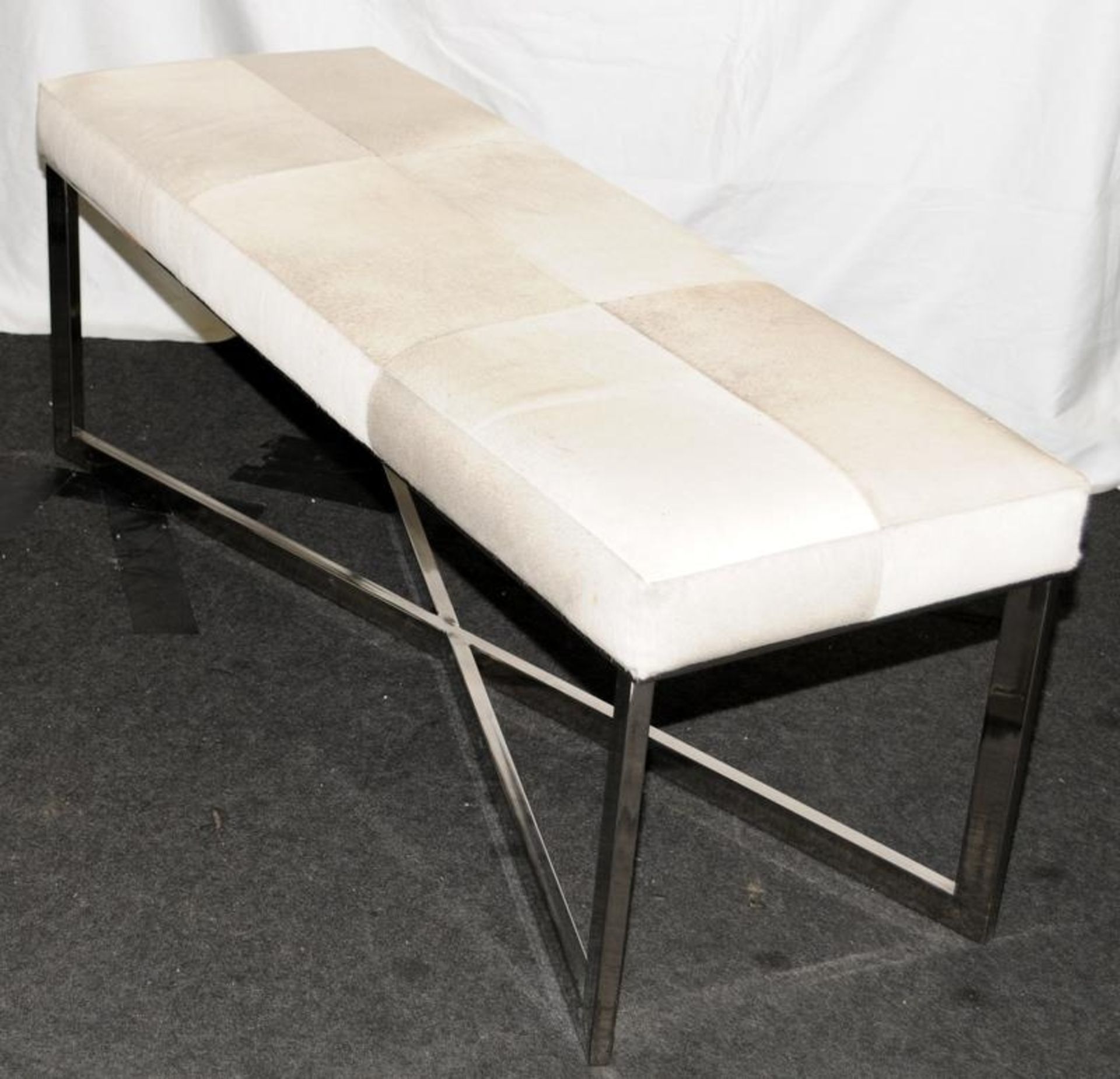 Contemporary bench featuring a padded cowhide seat on a chrome frame with 'x' stretcher. 50cms - Image 2 of 3
