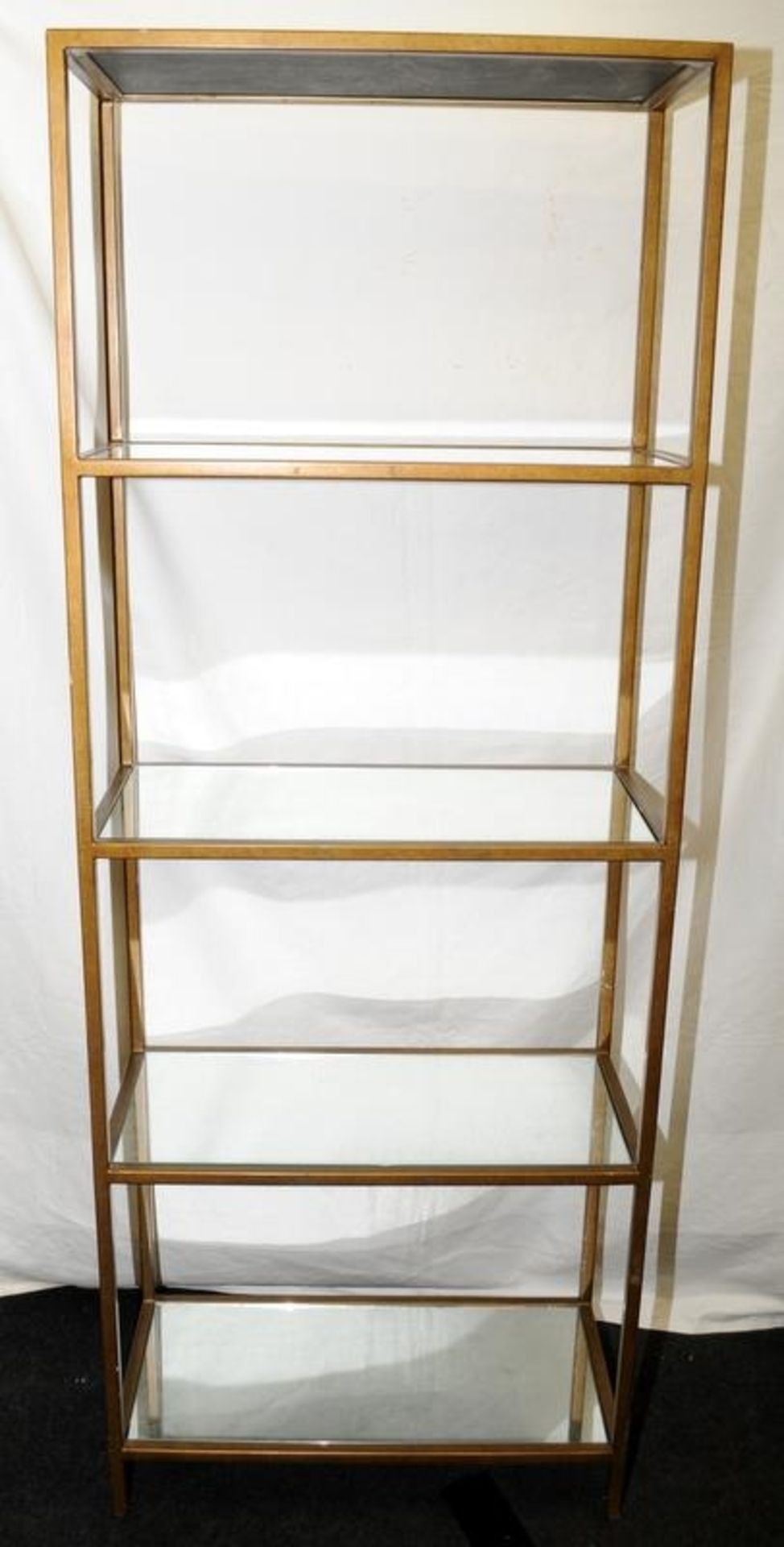 Contemporary polished brass square box framed 4 tier display shelf with mirrored shelves. O/all