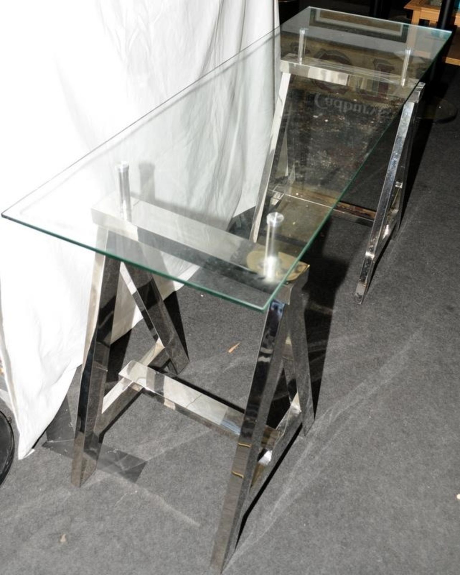 Chrome and glass designer saw horse leg console table 80x150x50cm - Image 2 of 2