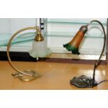 Two cast metal desk lamps with glass shades. The largest being 41cms tall