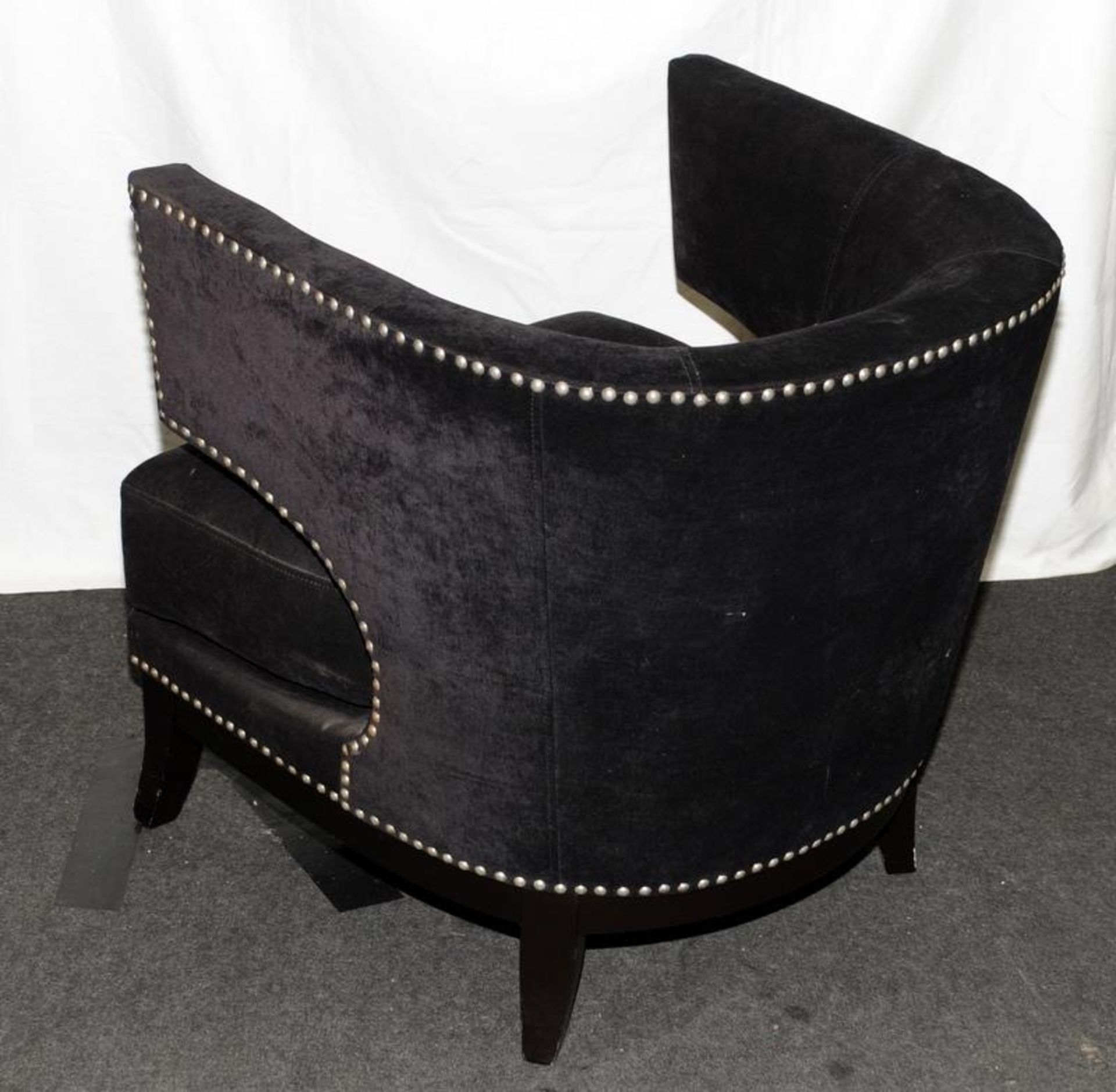 Contemporary tub chair upholstered in black fabric with stud detailing. Seat height 42cms, 76cms - Image 3 of 3