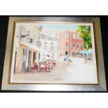 E Coe oil on canvas, continental street cafe scene. O/all frame size 63cms x 53cms