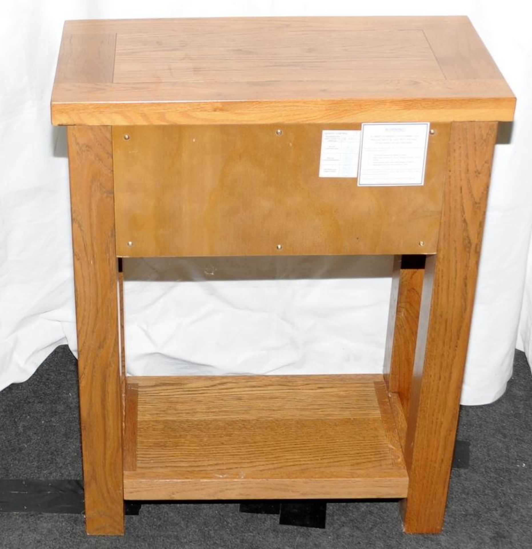 Solid oak side table with single drawer over low shelf. 75cms high x 60cms wide x 30cms deep - Image 3 of 3