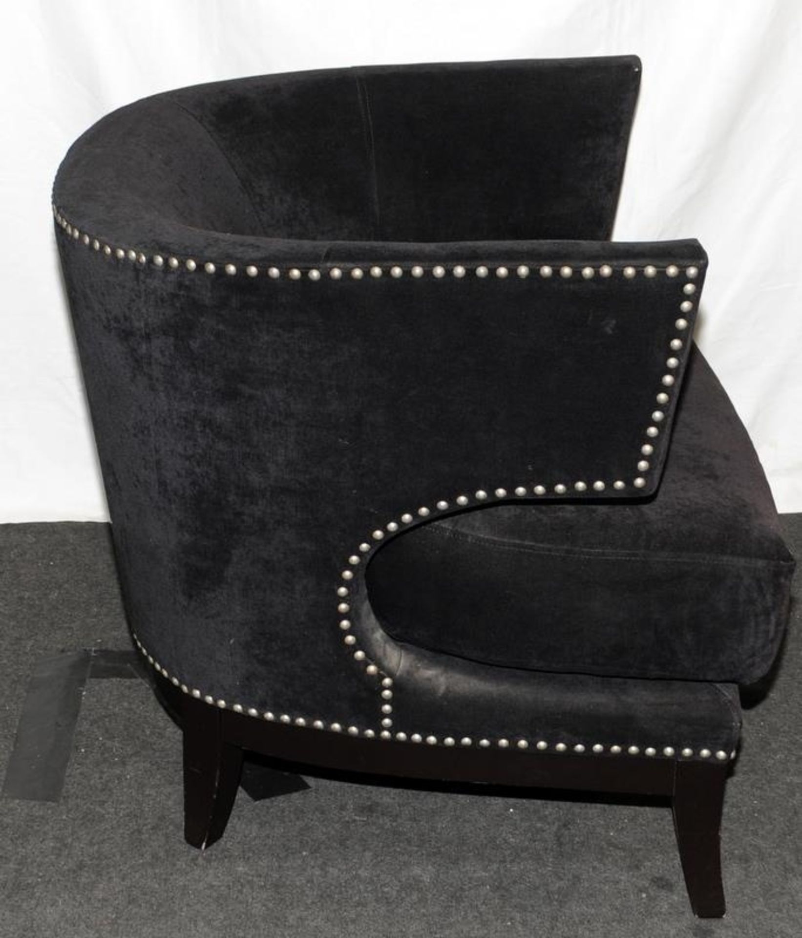 Contemporary tub chair upholstered in black fabric with stud detailing. Seat height 42cms, 76cms - Image 2 of 3