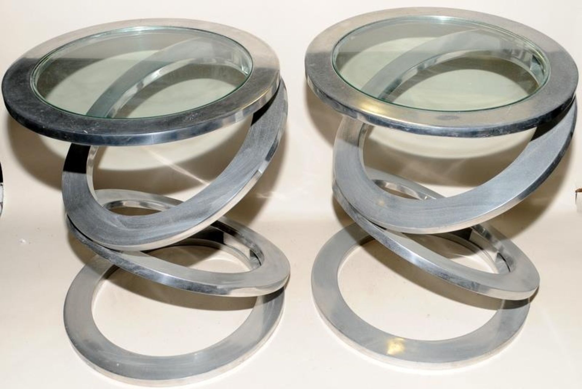 Pair of glass and chrome side tables of circular stack form. 45cms tall - Image 2 of 2
