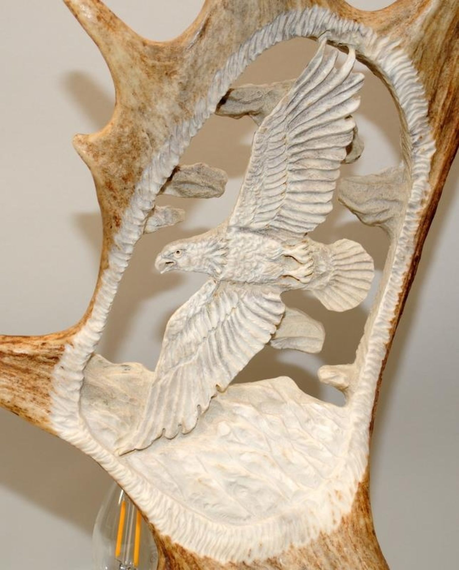 Large antler horn with incised carving depicting an eagle. Mounted on a wooden base and - Image 2 of 3