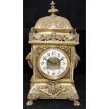 Antique French Belle Epoch striking brass mantel clock with A.D Mougin movement and hand painted