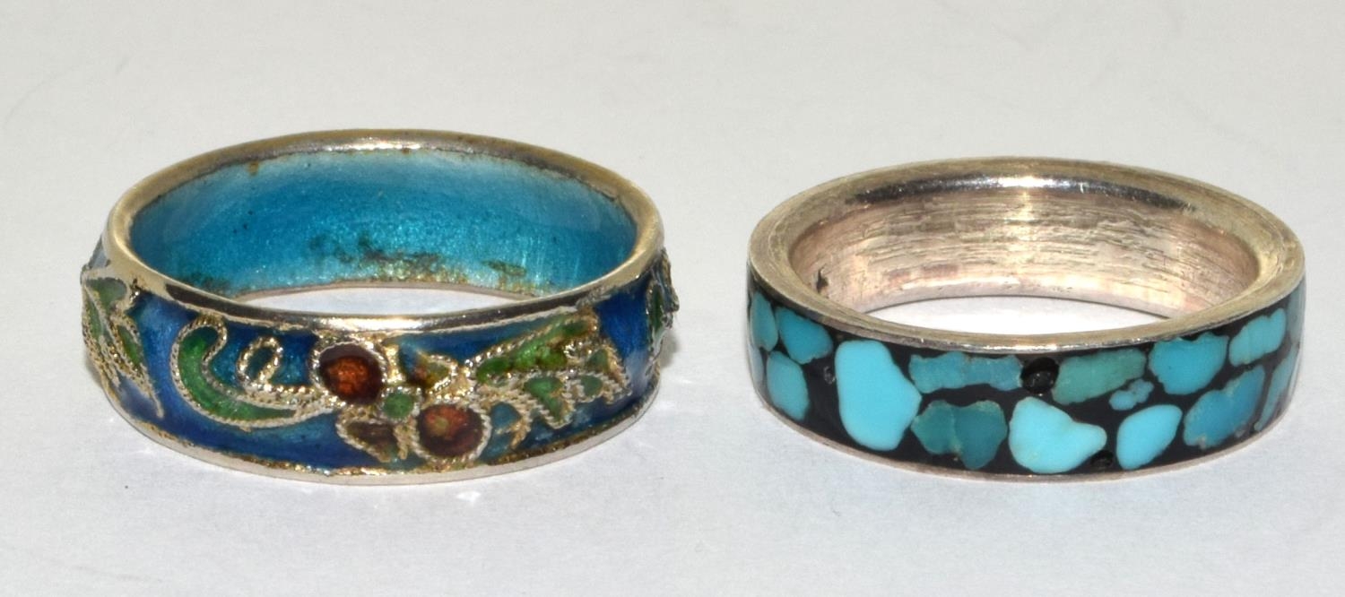 2 x 925 enameled & turquoise rings Size M & P 1/2.