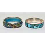 2 x 925 enameled & turquoise rings Size M & P 1/2.