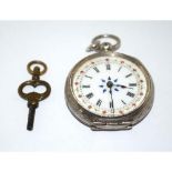 925 silver fob watch and key with enamel face and roman numerals ticking when catalogued